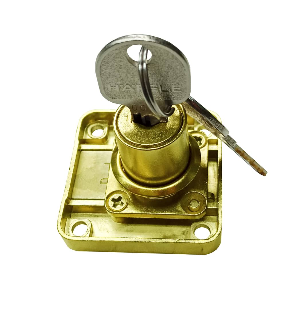 Drawer locks coated in pvd gold.