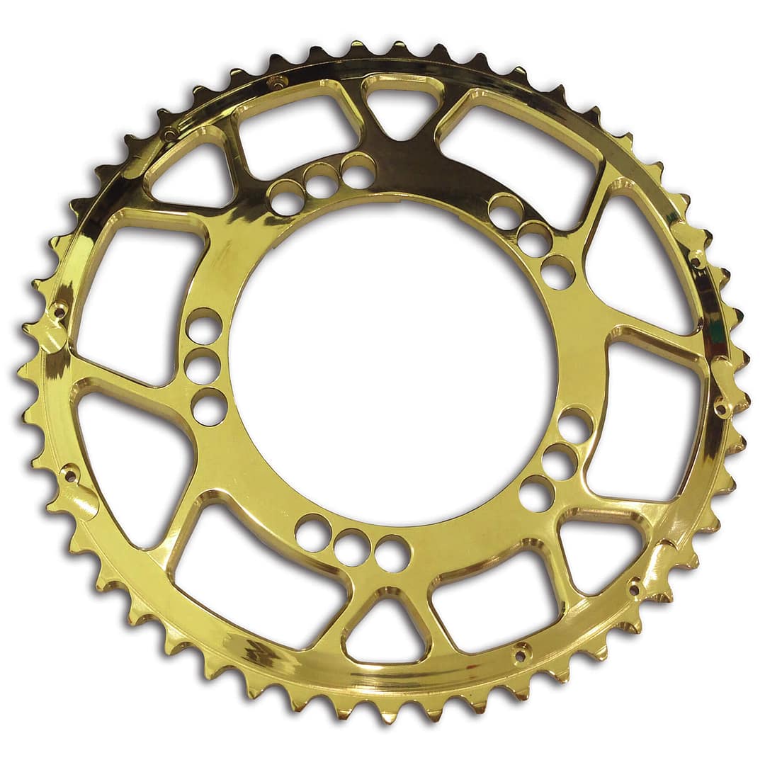 Sprocket coated in pvd titanium gold coating