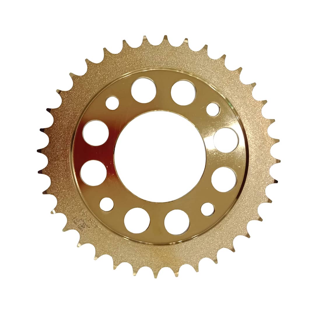 Sprocket coated in pvd titanium gold coating