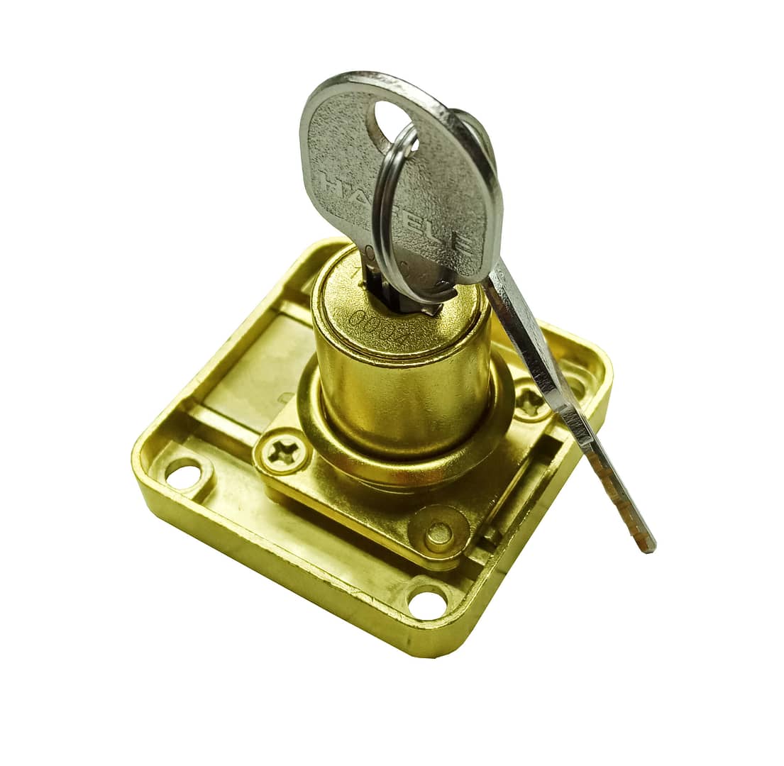 Drawer locks coated in pvd gold.